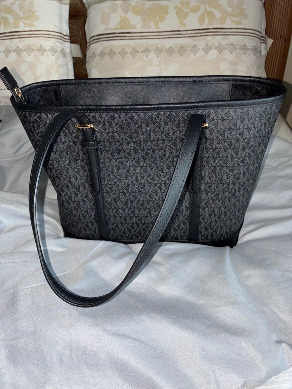 Michael Kors Charcoal/Black Signature MK Tote with Gold Accents - Picture 2 of 3